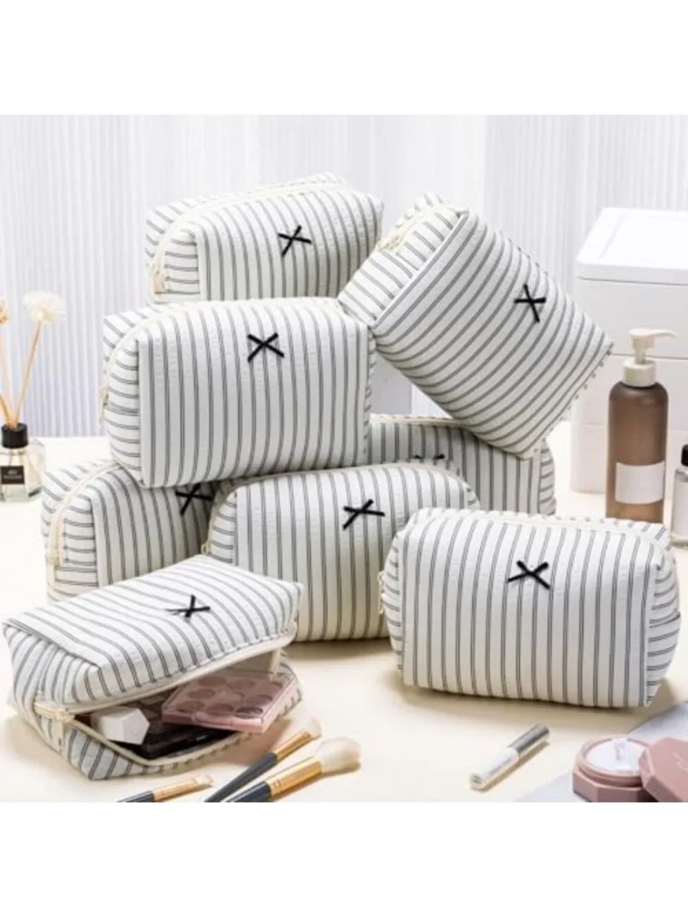 Cute Travel Makeup Bag Set - 8Pcs Cosmetic Organizer, White & Black Stripes